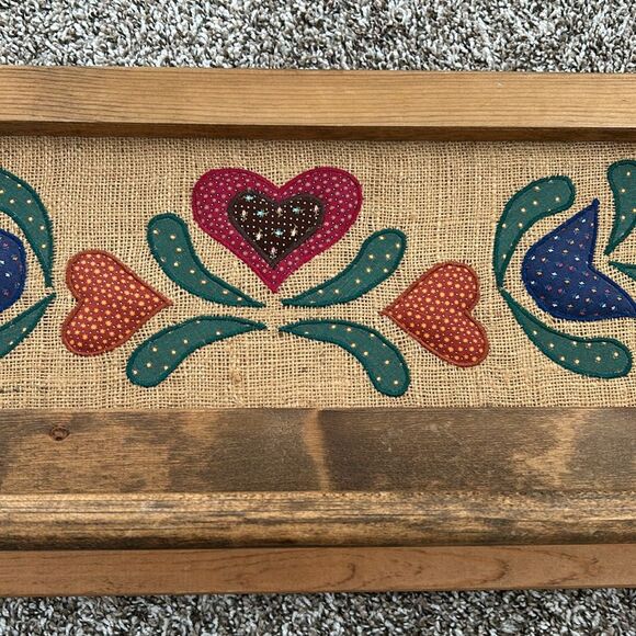 Vintage Wooden Burlap Embroidered Towel Rack with Folk Art Design Wall Decor - Picture 10 of 16